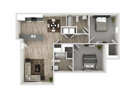 a 2 bedroom floor plan with a bathroom and a living room